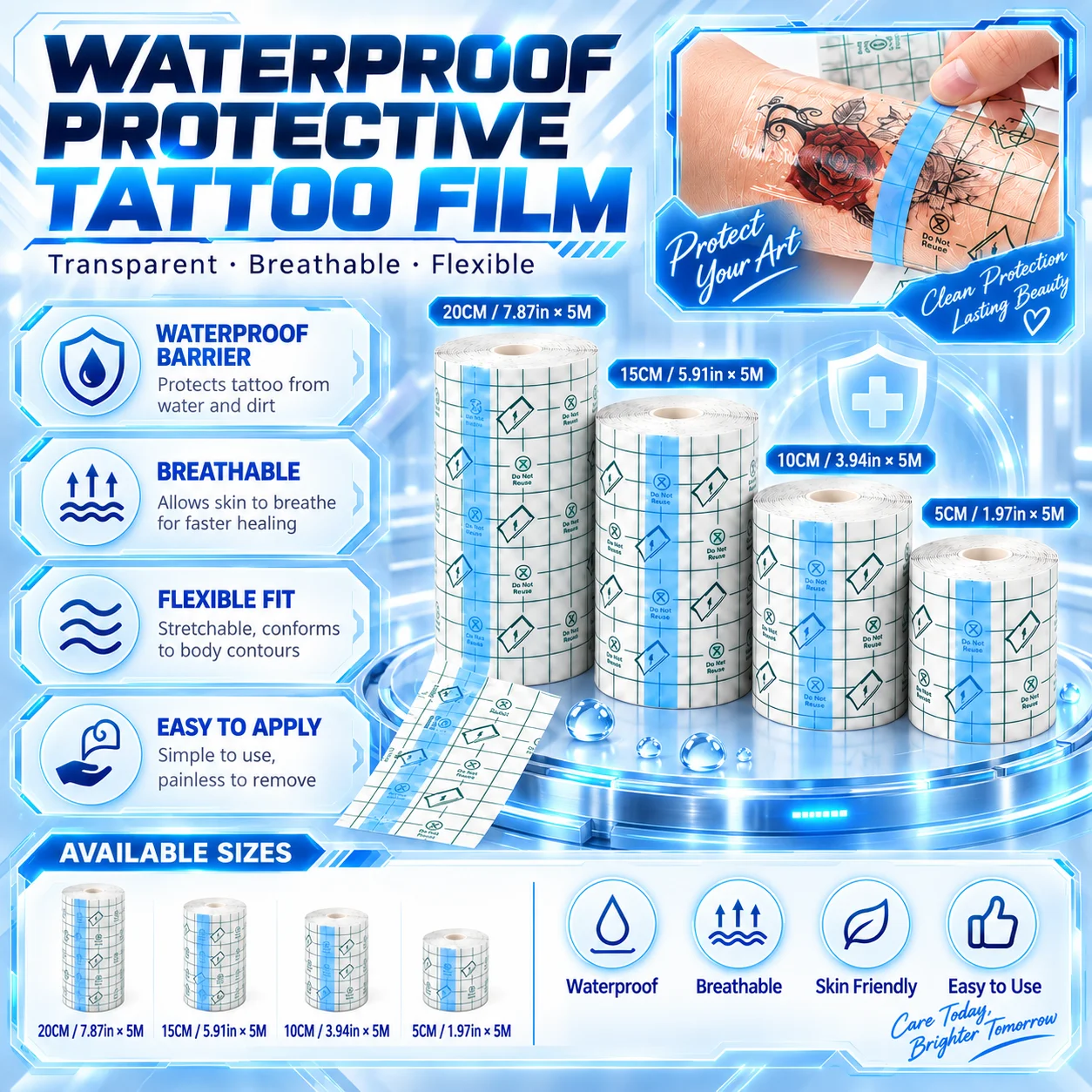 Audersigt 1 Roll Waterproof Tattoo Aftercare Film PU Adhesive Protective Bandage Tattoo Healing Wrap Accessories