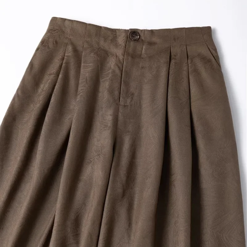 Birdtree 28M 100% Real Spun Silk Solid Pants,Women Jacquard Elastic Waist Autumn French Style Wide Leg Pant With Pocket P58002JF