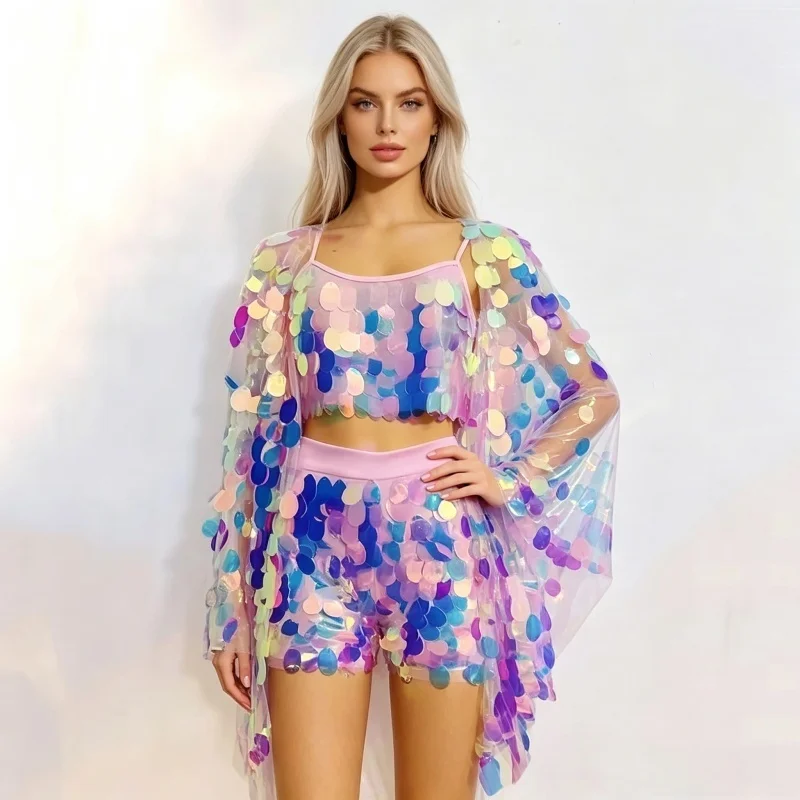 Women's Pink Blue Sequins 3-Piece Bikini Coat Dancers Singers Nightclub Stage Costume Holiday Birthday Party Festival Clothing
