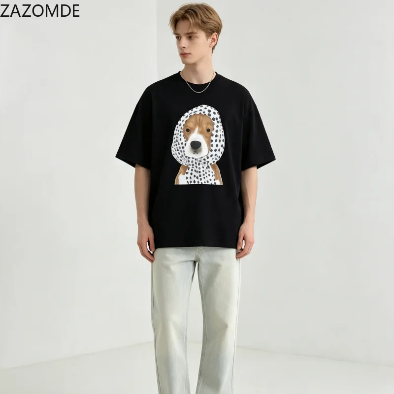 ZAZOMDE Men Women Trendy Unique Dog Graphic T-Shirt Unisex Polka Dot Headscarf Street Style Cotton Short Sleeve Tee 2026 Summer