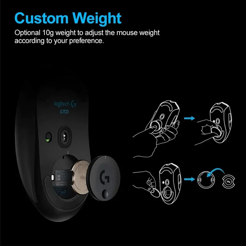 Mouse da gioco wireless Logitech G703 LIGHTSPEED con sensore HERO da 25600 DPI, illuminazione RGB e design ergonomico per giochi su PC