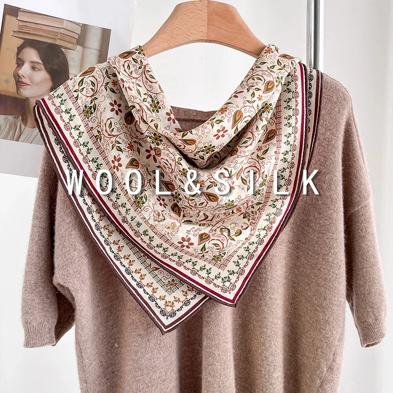 Elegant Vintage Floral Wool Silk Scarf Bandana Double‑Sided Reversible Square Neckerchief Classic Flower Print Accessory