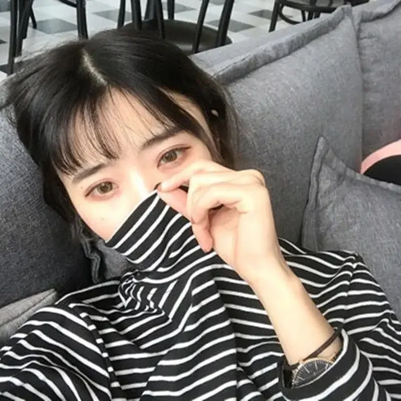 الخريف الشتاء عالية الياقة طويلة الأكمام تي شيرت مخطط للجنسين طالب زوجين عادية تنوعا بلوزة بسيطة للرجال والنساء #4