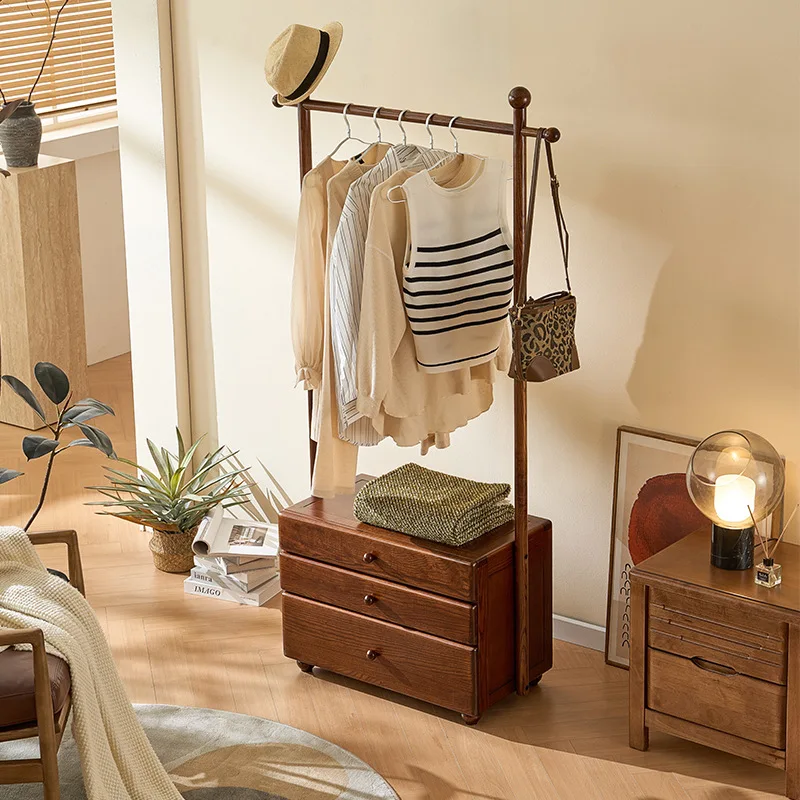 Wabi-sabi Style Solid Wood Integrated Multifunctional Coat Rack with Drawer Storage for Home Entryway view 2