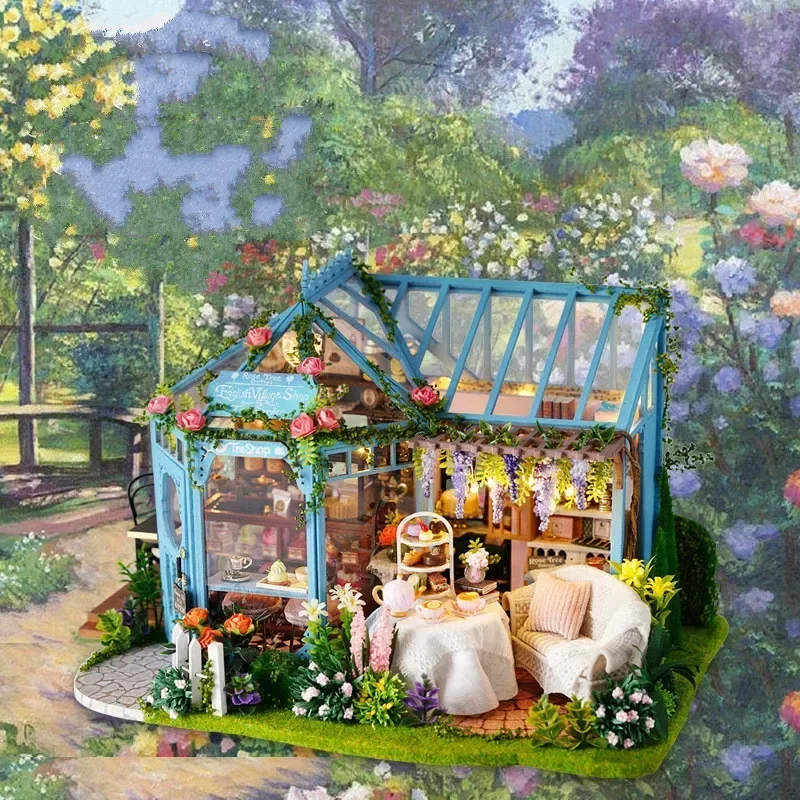 Kit de meubles de maison de thé de jardin de rose de LED, maison de poupée en bois de bricolage, chaise de maison de poupée, jouet de puzzle à la maison pour des enfants