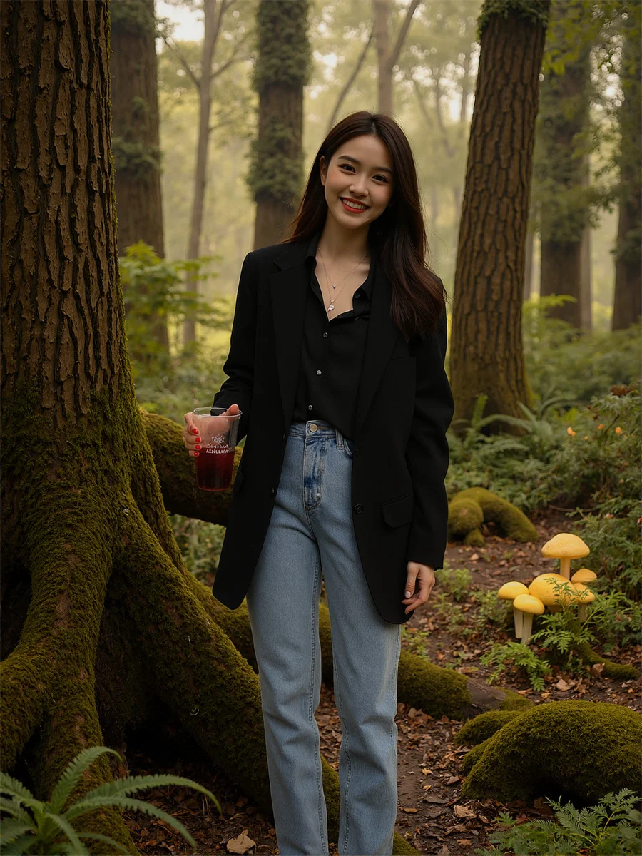 

Black Women'S Blazer Turn-Down Collar Overlay Structured Doodle Lined Mixed Hugging Beau Bank Host Peter Pan Thread Haut Slant