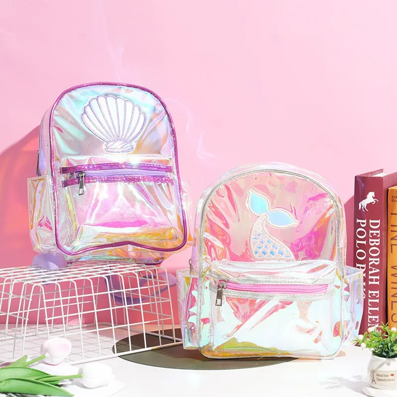 Transparent Backpack Adjustable Shoulder Strap Waterproof Mermaid Fishtail Shell Girls Teenage School Book Bag Stationery