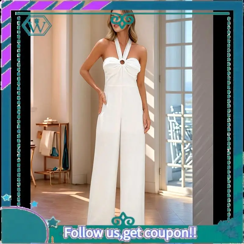

A09P Maxi Jumpsuit For Women Crossover Halter Neck Straight Leg Overall Romper