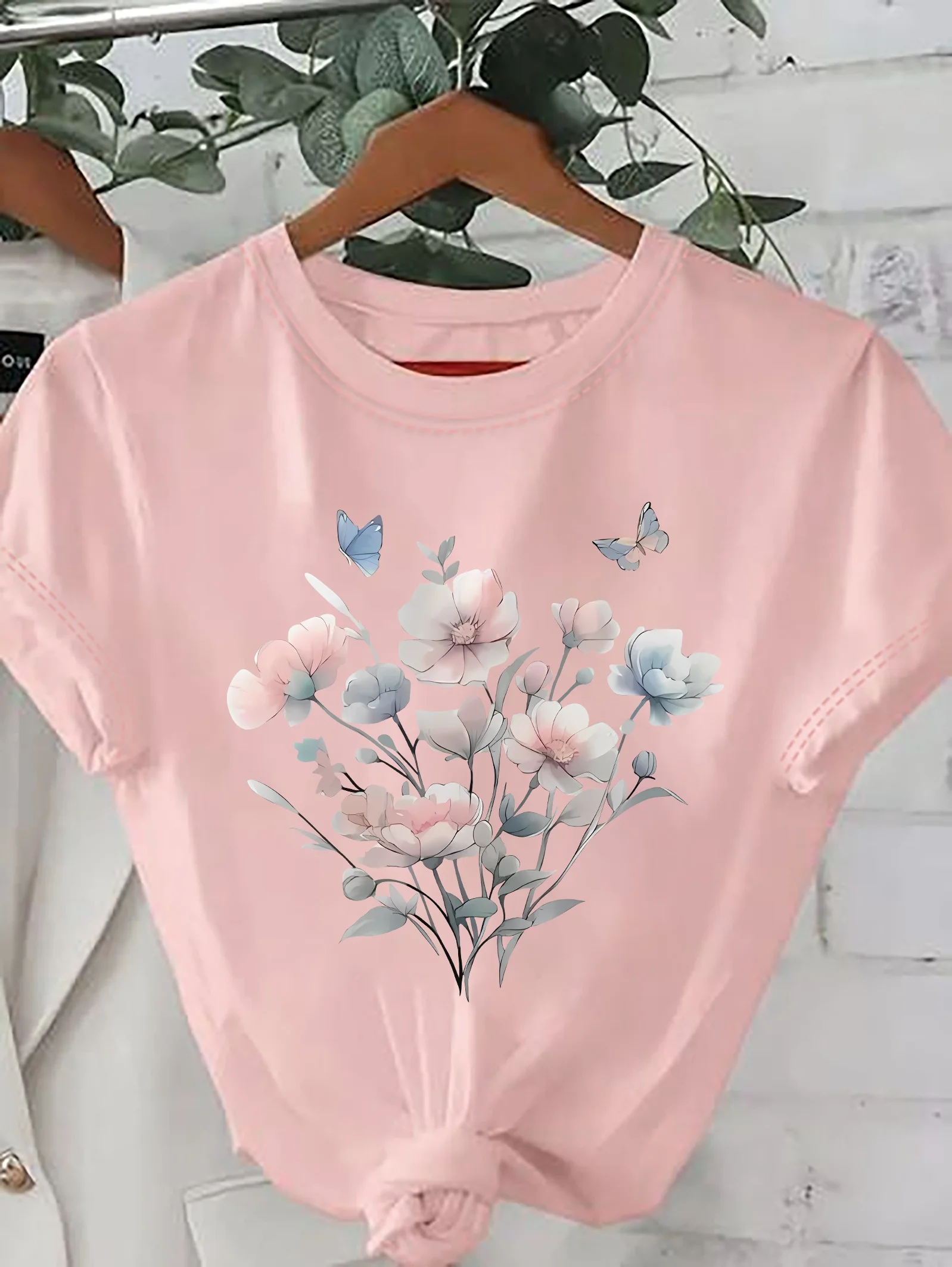 Women'S Floral Print T-Shirt Pink Pastel Top with Floral Pattern Harajuku Sleeve Casual Clothing Street Tops Aesthetic Clothes