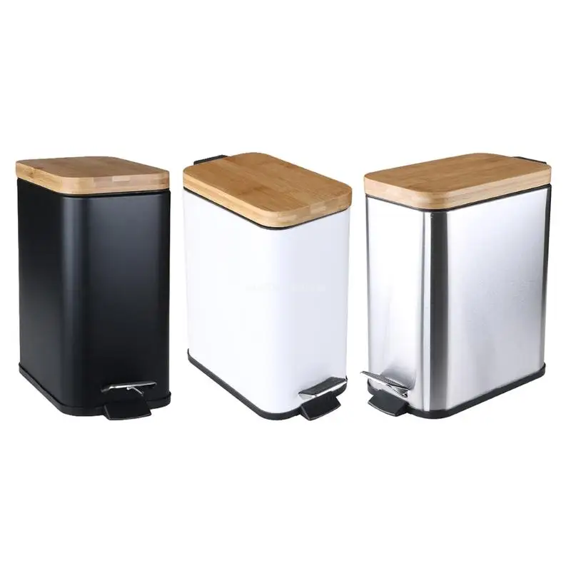 

Step Trash Can Garbage Rubbish Bin with Bamboo Lid Waste Container Dropship