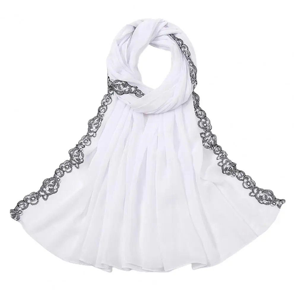 Moda bordado Lace Hijab Bolha Chiffon Cachecol Muçulmano Xaile Liso Macio Turbante Cabeça Wraps Headband Foulard Casamento Hijab