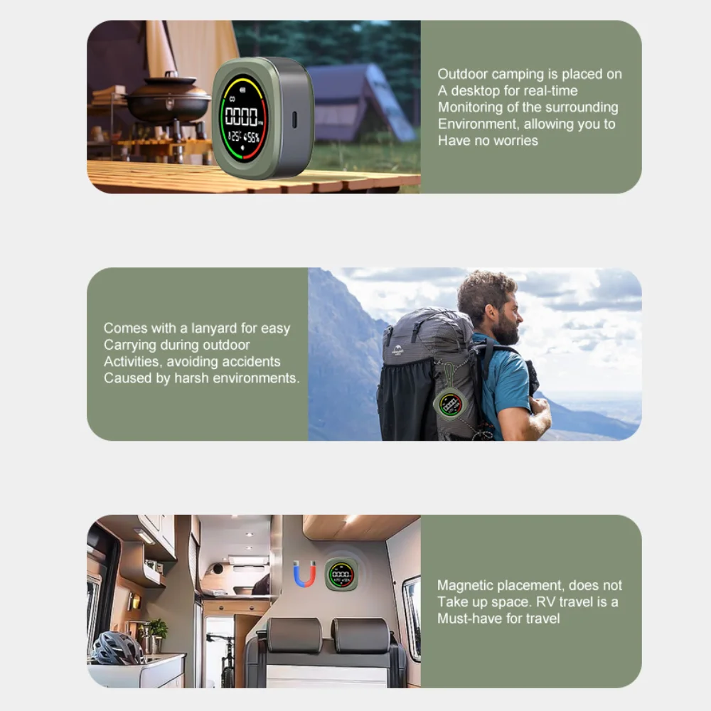 كاشفات أول أكسيد الكربون 3 في 1 التخييم في الهواء الطلق المحمولة CO كشف إنذار درجة الحرارة والرطوبة ميزان الحرارة إنذار الأمن
