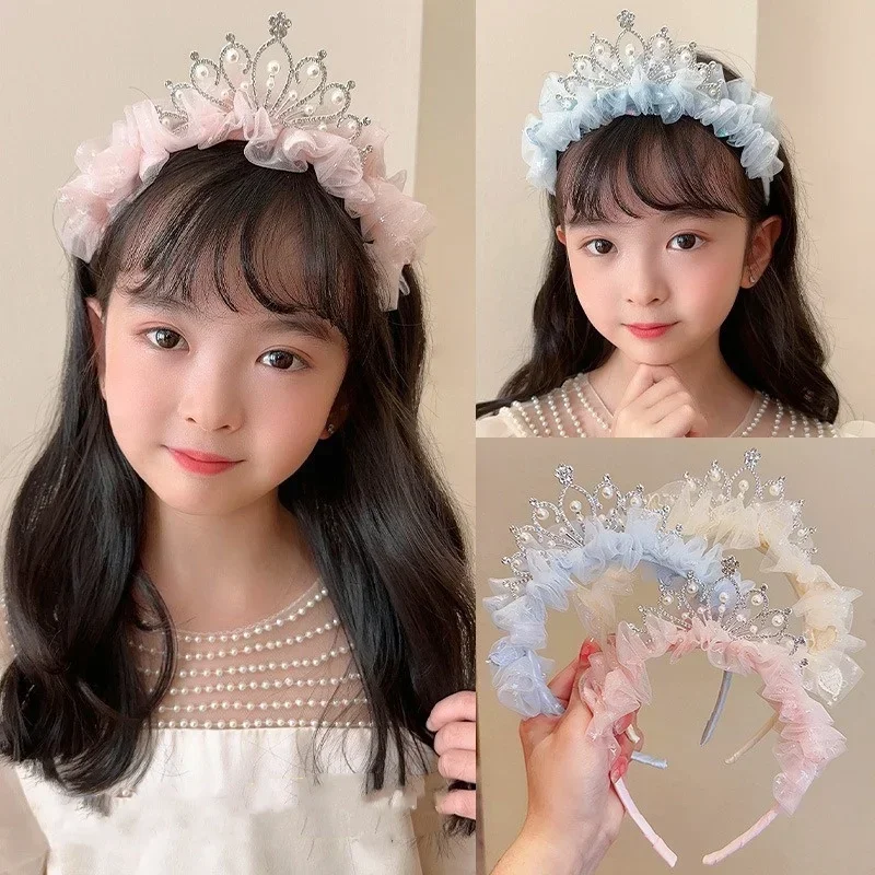 1 Piece Kids Sweet Princess Headband for Girl Mesh Pearl Crown Hair Hoop for Children Birthday Party Hair Styling Headwear