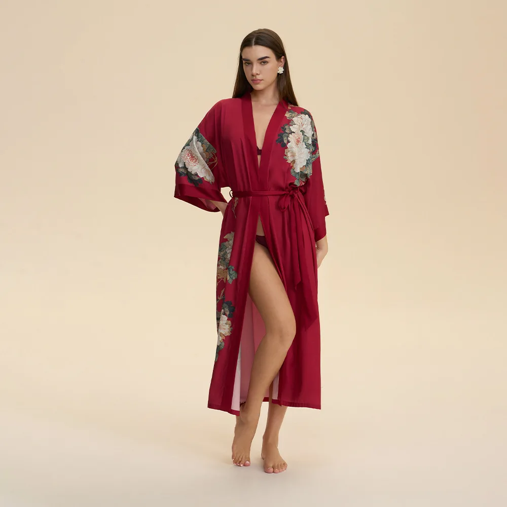 

Floral Print Women's long Bathrobe Spring Autumn Ladies Satin Dressing Gown with Sashes Silk Like Bath Robe for Female