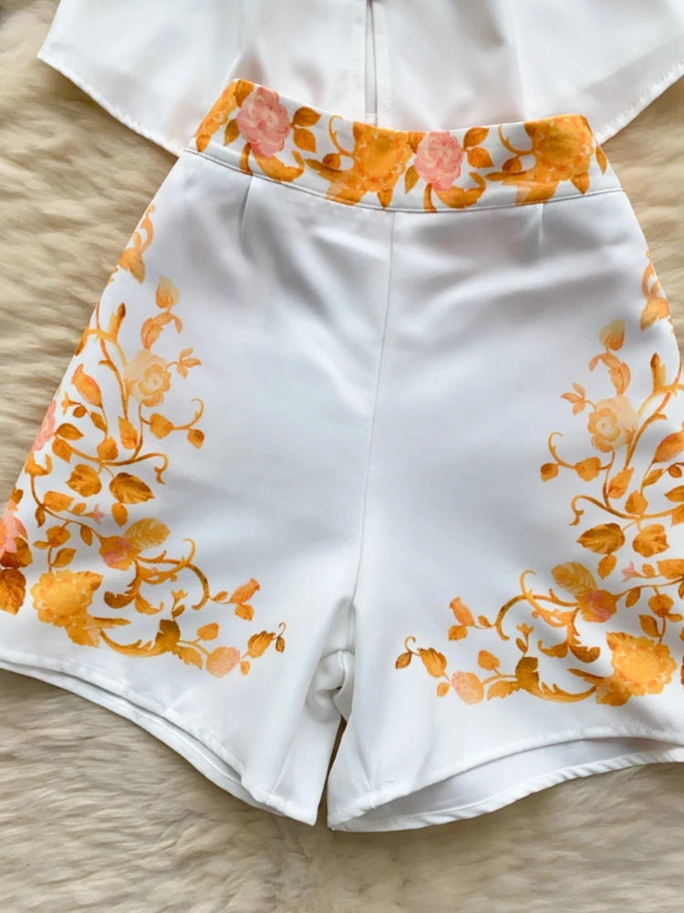 Tweedelige Set In Paleisstijl Voor Dames Zomerkraag Met Korte Mouwen En Hoge Taille Korte Broek Met Wijde Pijpen, Elegante Bloemenpakken