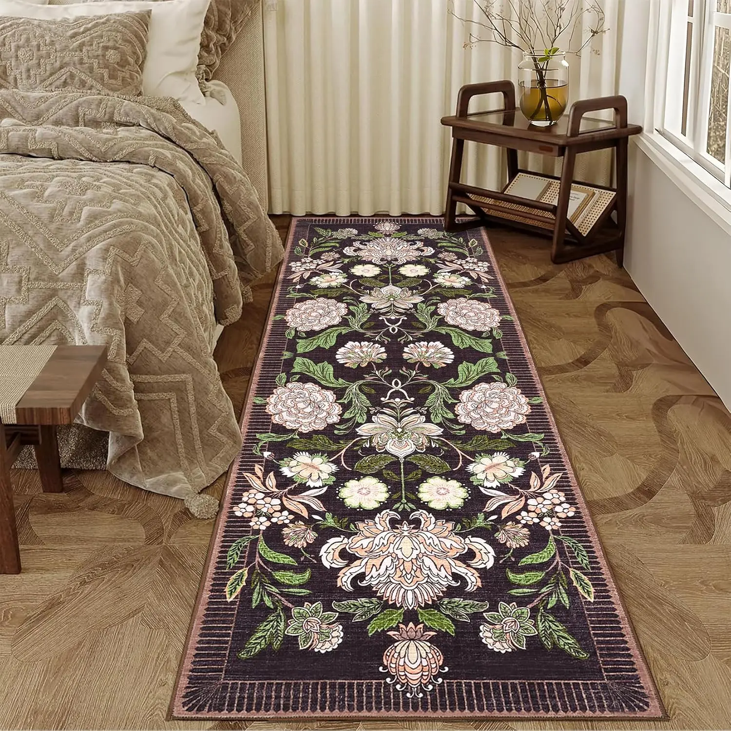 Plum Pink Floral Botanical Washable Kitchen Runner Rugs Non Slip Black Purple Vintage Boho Cottage Long Rug for Hallways Bedroom
