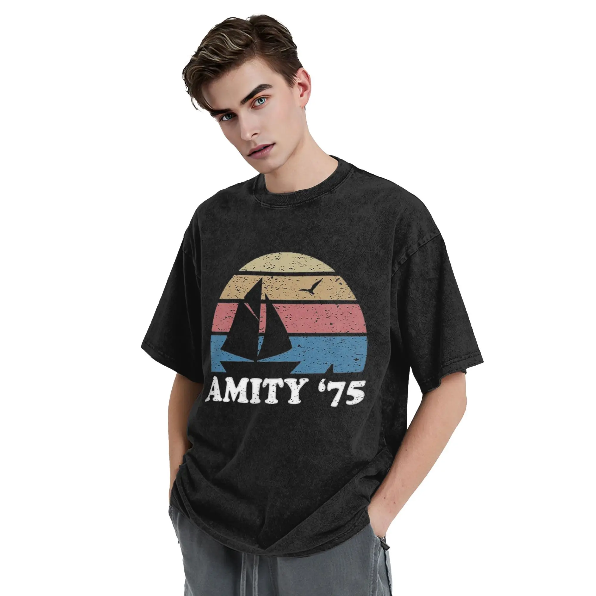 

Amity '75 - The Summer of Great White Shark Jaws T-Shirt for Men Cotton T Shirts Men's Short Sleeve O-Neck Summer Clothes Tops