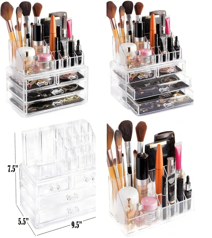 

makeup organizers2 Pcs Acrylic Makeup Organizer for Cosmetics Jewelry Storage Drawer Display Box Clear Vanity Tray with
