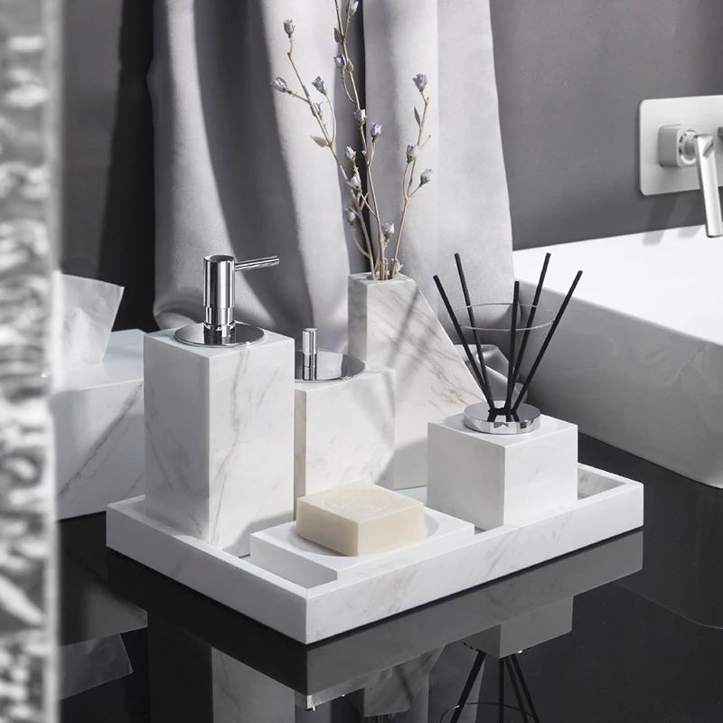 Volakos White Natural Marble Bathroom Set Soap Dispenser Soap Dish Toilet Brush Tissue Box Tray Bathroom Accessories