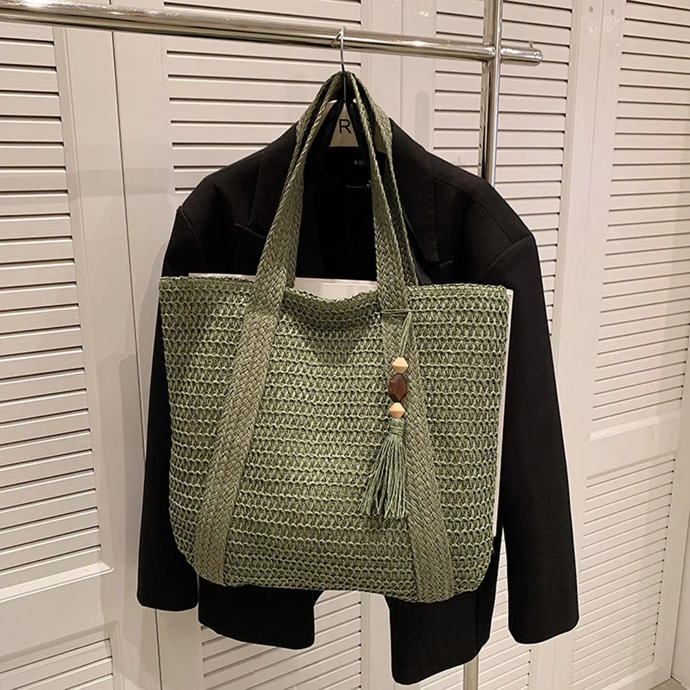 

Hand-Woven Handbags Summer Ladies Woven Bag Fashion Handmade Simple Large Capacity with Tassel Pendant Shopping Handbag Tote