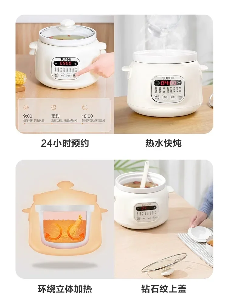 Panci rebus listrik, panci rebus sup rumah tangga, artefak keramik ungu tanah liat, panci bubur listrik sepenuhnya otomatis