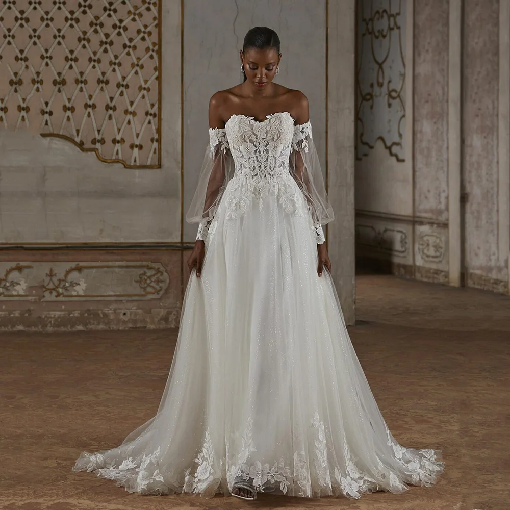Robes de mariée de luxe dentelle Appliques détachables à manches longues robes de mariée épaules dénudées Tulle a-ligne robes de mariée personnalisées