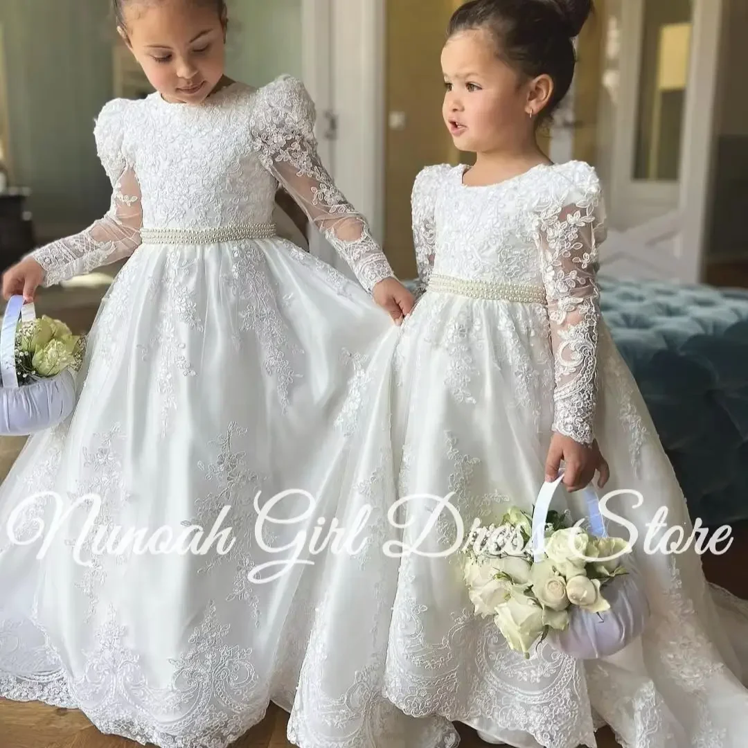 

Кружевное бальное платье принцессы с длинными рукавами и вышивкой для девочек со шлейфом и жемчужным поясом идеально подходит для девочек-цветочниц, торжеств на день рождения