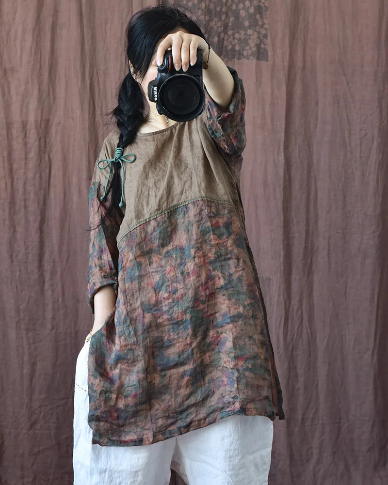 

Spring Summer Women's New Artistic Retro Light Weight Flax Yuzhen Silk Proc round Hemline Cuffed Top Floral Print High Wai...