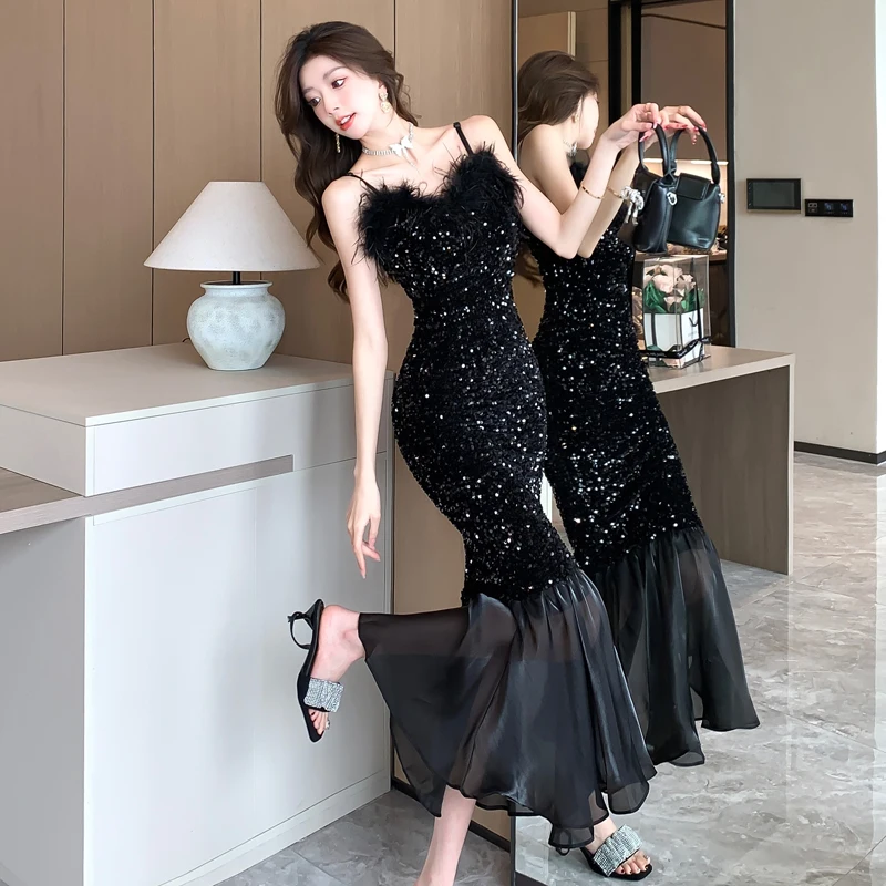 Women\'s French Style Velvet Spaghetti Elegant Lady Sequined Evening Straps Long Dress Summer Black Fishtail Sheath Dresses