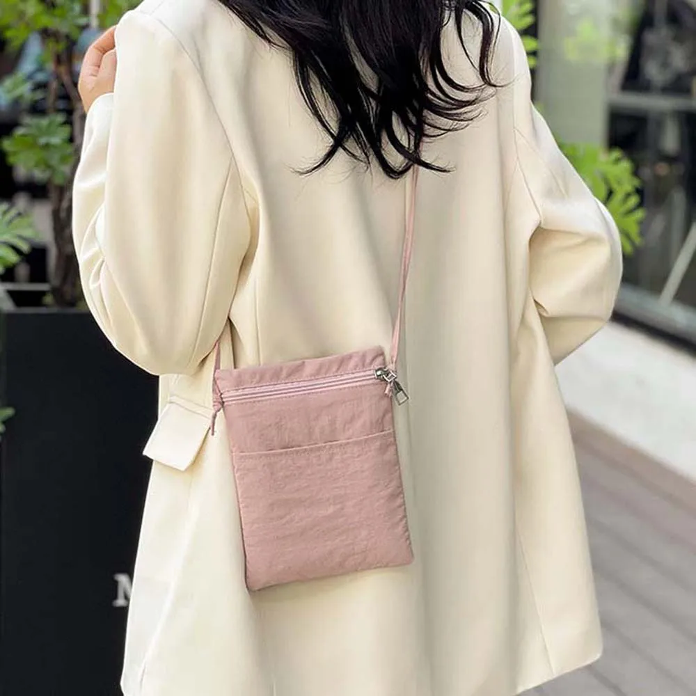 Thin Strap Solid Color Phone Purse Lightweight Zipper Small Nylon Crossbody Bag Solid Color Portable Simple Shoulder Bag Work