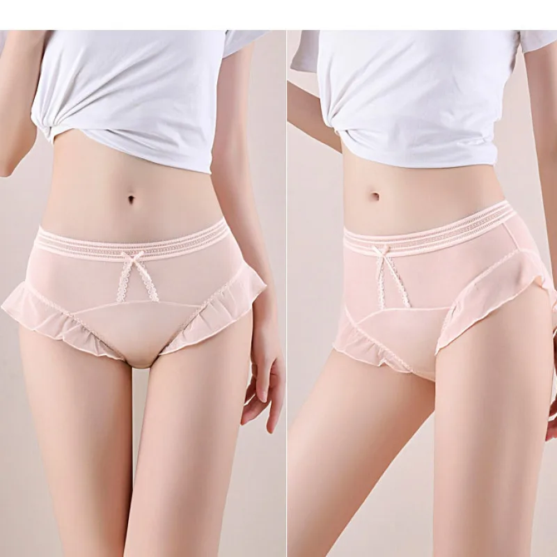 Sexy Mesh Thin Transparent Middle Waist Women Underwear Ruffles Elasticity Seamless Breathable Panties Cute Quick Drying Breifs