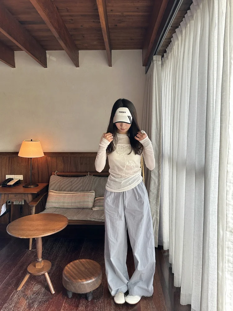 

Синие повседневные брюки с широкими штанинами и эластичным поясом для женщин, летние, с высокой талией, на шнурке, с защитой от солнца, длинные