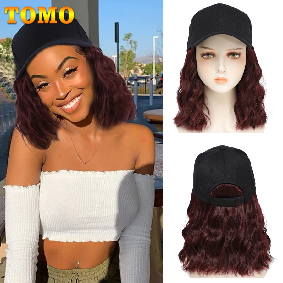 TOMO Hat Wigs For Women Short Wavy Synthetic Hair Extensions With Baseball Cap Wig Adjustable Baseball Hat Wig For Daily Use