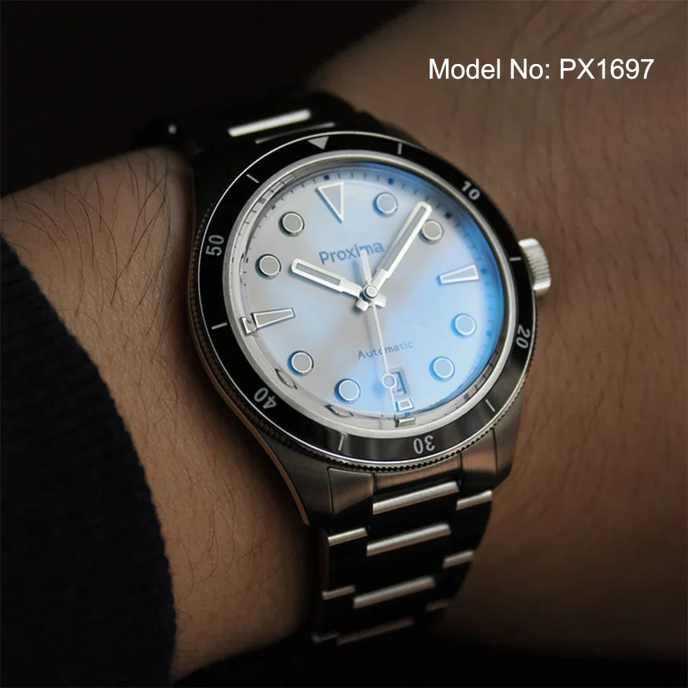 Proxima PX1697 39mm Men Watch White Enamel Dial Bubble Sapphire PT5000 SW200 Automatic Mechanical Vintage Watches 20Bar Luminous