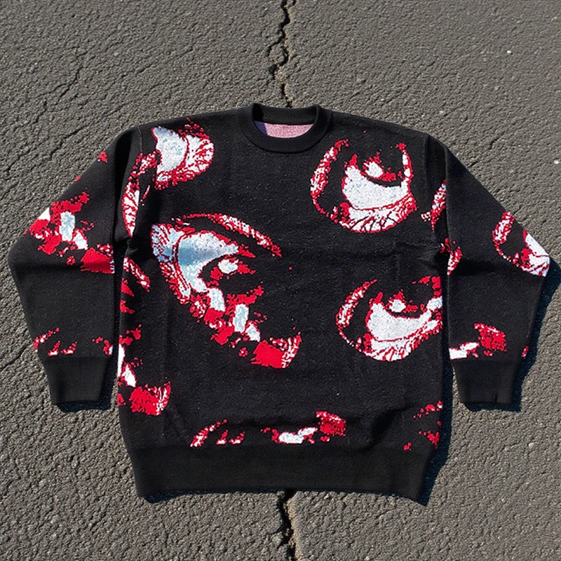 Halloween Gothic Eye Pattern Sweater Men's and Women's Extra Large Knitted Hoodie Harajuku Street Wear Y2K Aesthetic Top