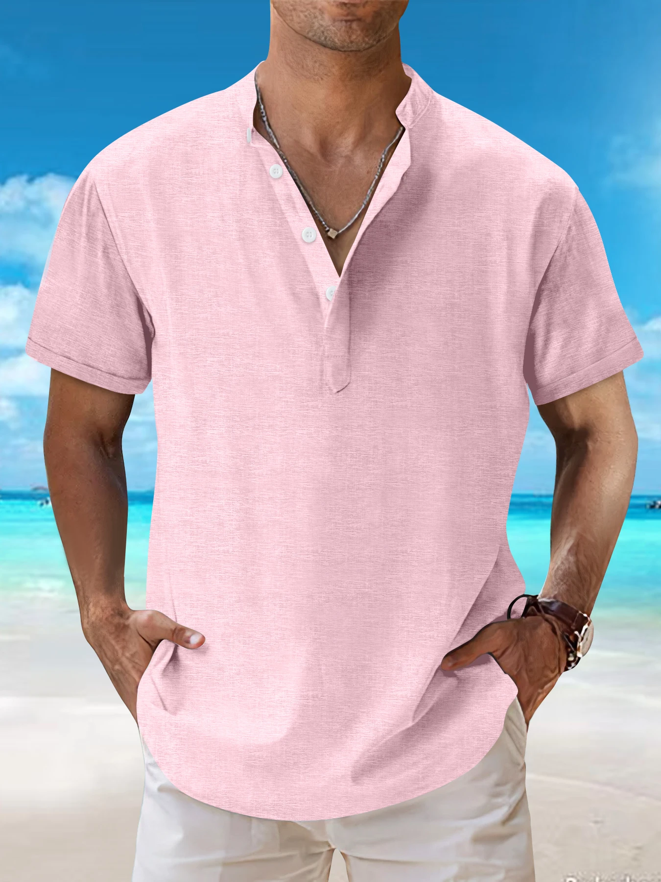 

2024 summer trend stand collar solid color short-sleeved shirt button design men's casual shirt outdoor street wear handsome top