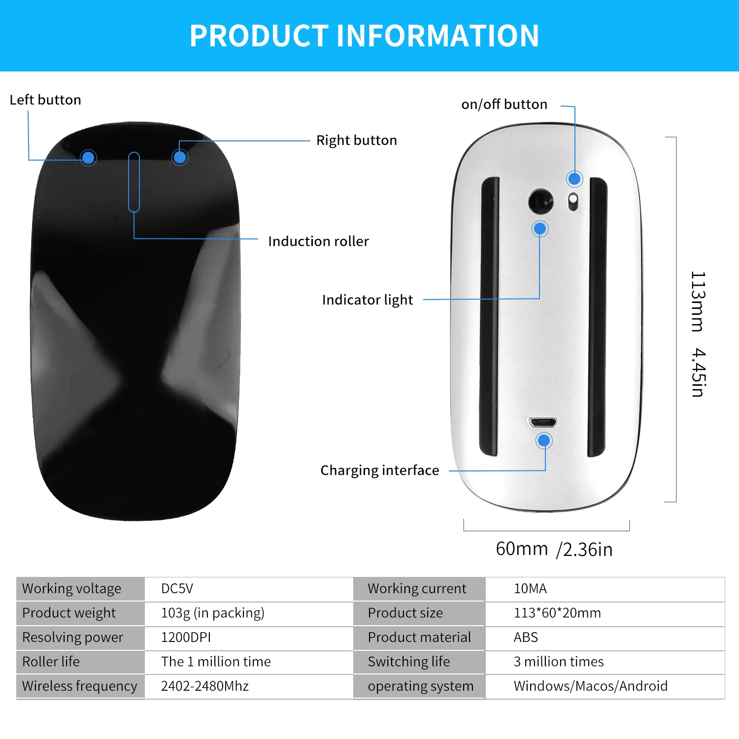 Bluetooth Wireless Magic Mouse Silent Rechargeable Laser Computer Mouse Slim Ergonomic PC Mice for Apple Macbook Microsoft