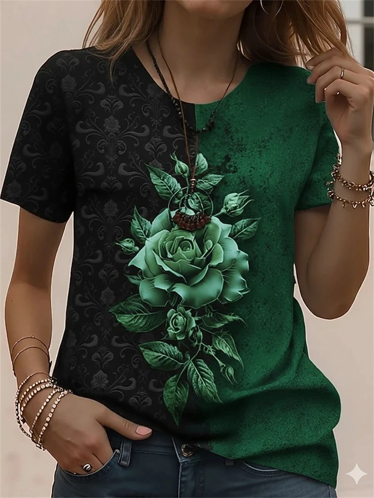 Women's Summer Casual Round-Neck Short-Sleeve T-Shirt with Elegant Floral Print Loose-Fitting Comfortable Women's T-Shirt