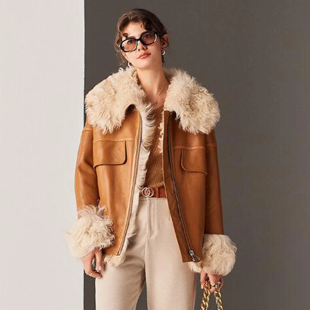 Denny & Dora สตรี Sheepskin และเสื้อขนสัตว์สตรี Shearling แจ็คเก็ต Warm Natural Fur Coat