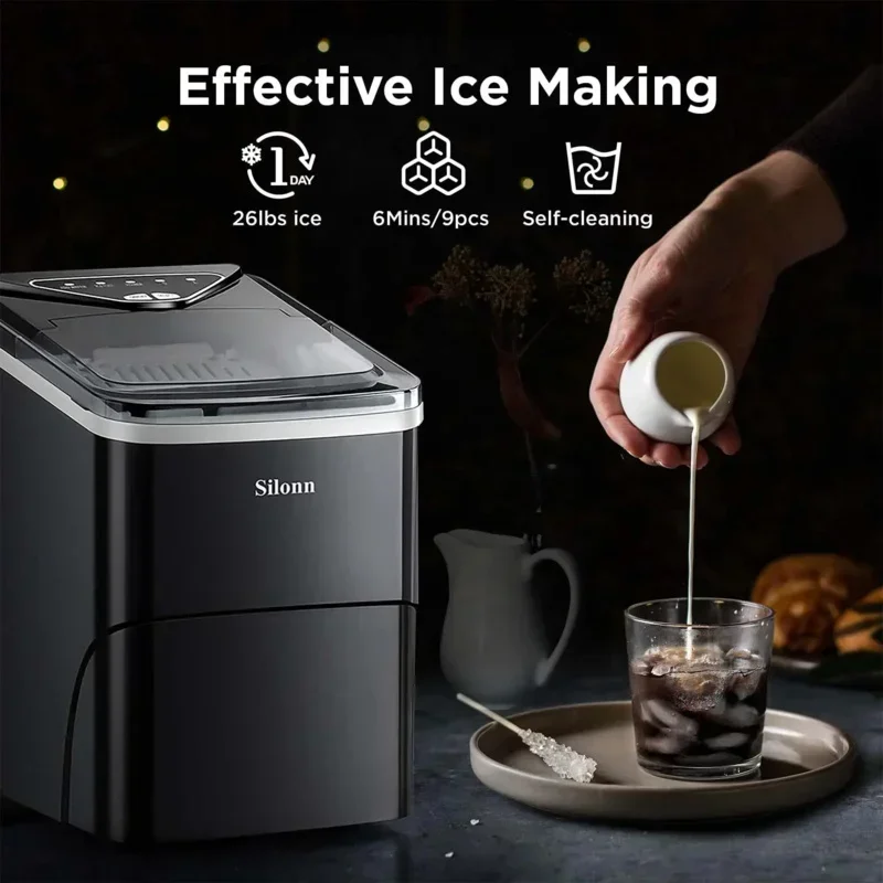 Encimera para hacer hielo QWSilonn, 9 cubos listos en 6 minutos, 26 libras en 24 horas, máquina de hielo autolimpiante con cuchara para hielo y cesta, Bla