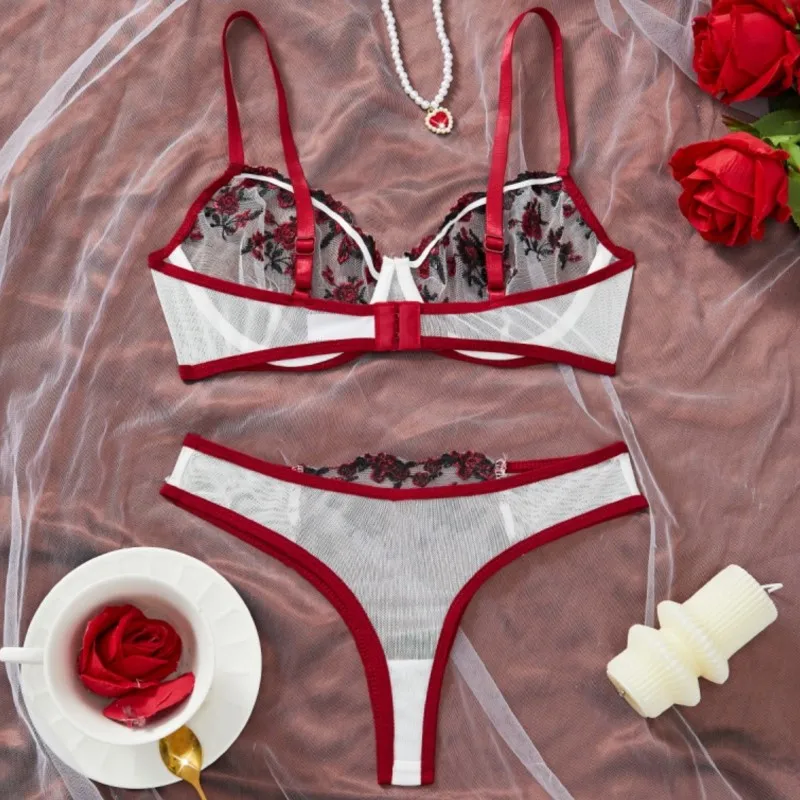 Sexy Women\'s Erotic Underwear Exotic Transparent Bra Sets Embroidered Flowers See Through Push Up Thin Bra Adult Lingerie Suits