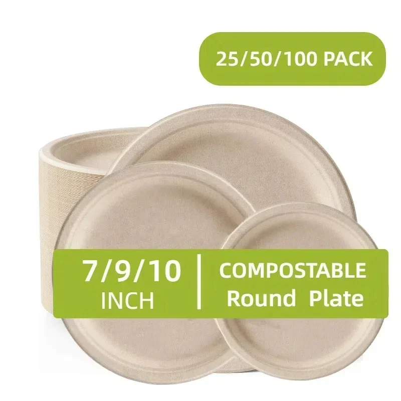 25-100PCS 100% Compostable Plates Heavy-Duty Disposable Paper Plates Dessert Plates for BBQ Dinner Party Supplies 7-10Inch