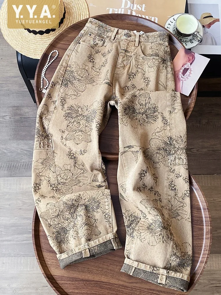 

Women Spring Autumn Casual Printed High Waist Denim Pants Loose Fit Fashion Straight Trousers High Street Female Wide Leg Jeans