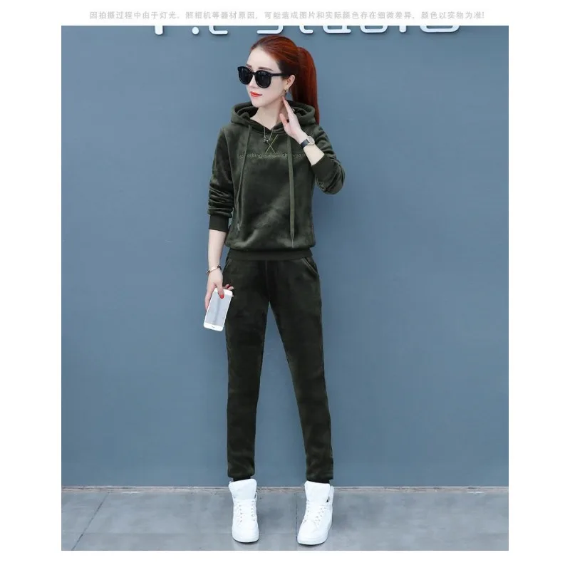 

Gold Velvet Sports Women's Autumn and Winter High-end Double-sided Velvet Sweatshirt Plus Velvet Thickened Casual Suit