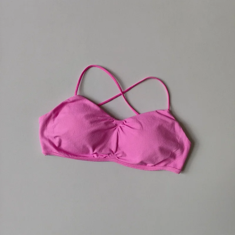 Nahtloser Yoga-BH für Damen mit Riemchen und überkreuztem Rücken, V-Ausschnitt, Push-up-Effekt, Sport-BH mit integriertem Brustpolster, Fitness- und Pilates-Trainingsunterwäsche. – Detail 13