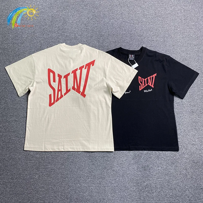 Small Letters Embroidery Black Apricot T-Shirt Tee Red Logo SAINT T Shirt Men Women Casual Fashion Oversized Top