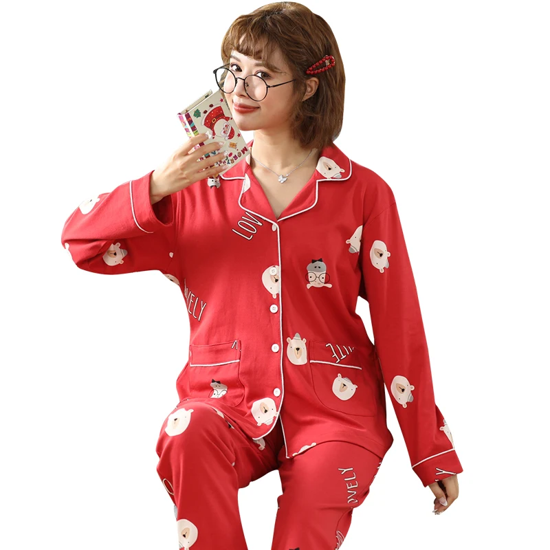 

Newest Women 100% Cotton Pajamas Set Long Sleeve Sleepwear Cute Pijamas 2 Piece Set