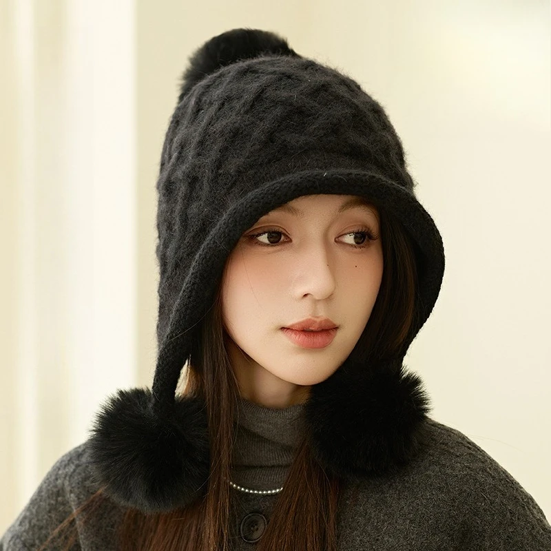 Winter New Thickened and Velvet Rabbit Fur Knitted Hat Outdoor Warm Ear Protection Three Hair Ball Wool Hat Korean Hat