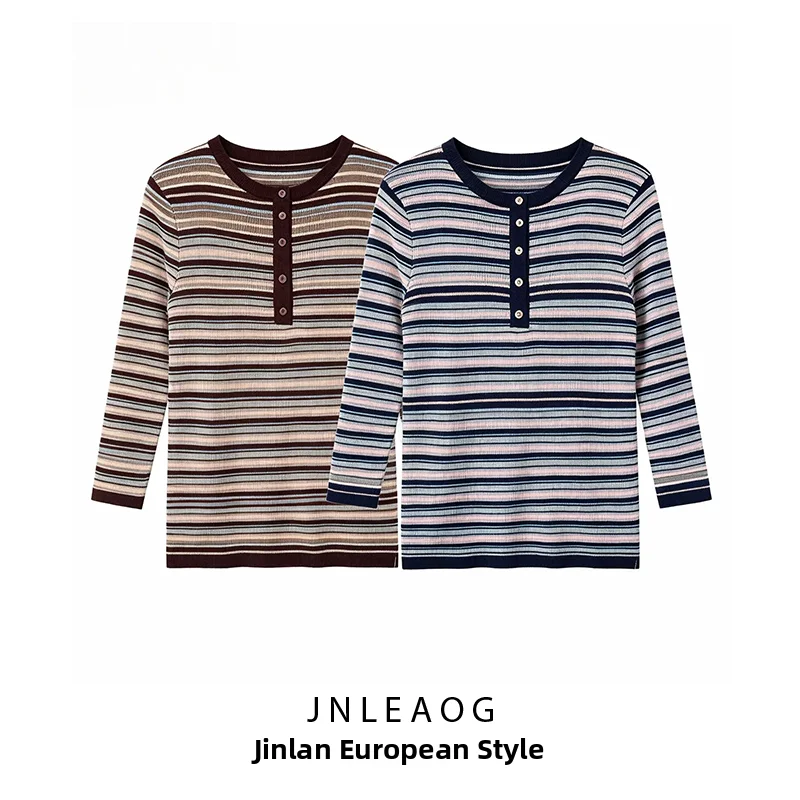 Camisa a Rayas de Manga Larga y Cuello Redondo para Mujer, Estilo Otoñal, Multicolor, Ropa de Moda para Dama, Tela de Poliést...
