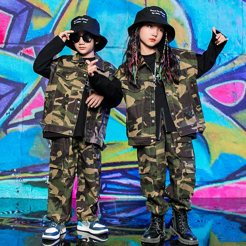 Ropa de Hip-Hop para niños, chaleco de camuflaje, pantalones Cargo, trajes de Hip-Hop Kpop para niñas, ropa de rendimiento de baile de Jazz DN13330